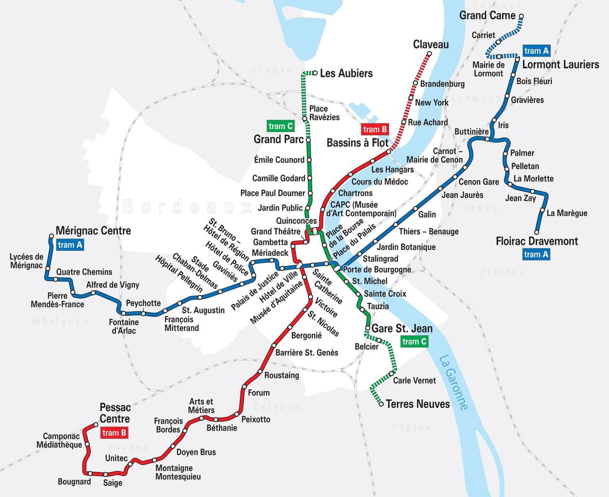 Bordeaux spårvagn system karta