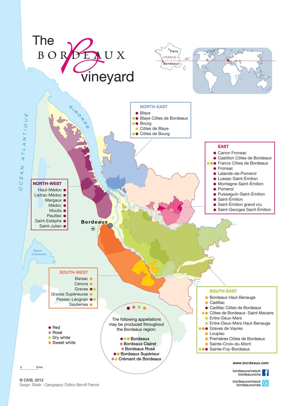 karta över Bordeaux vindistrikt